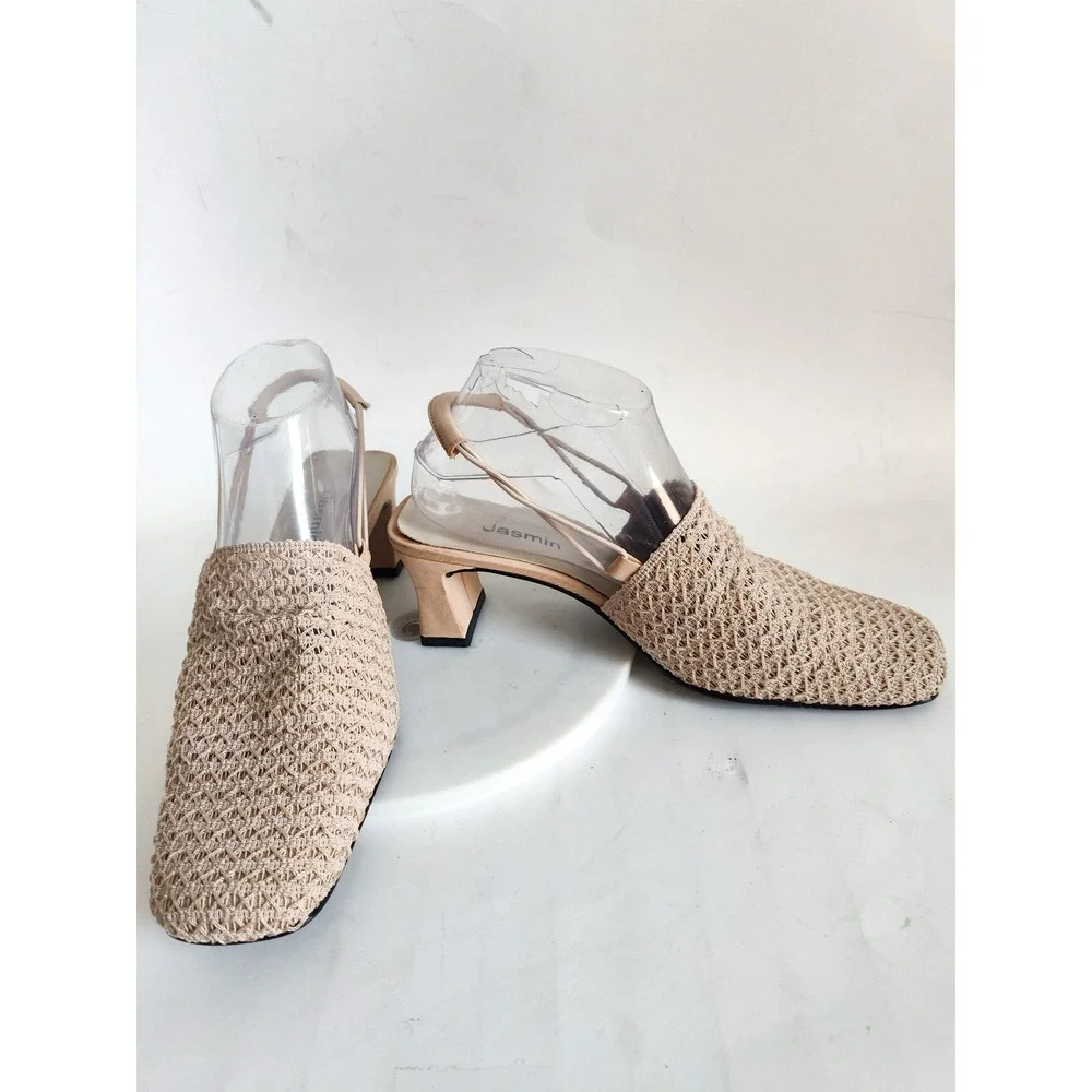 Vintage Crochet Slingback Heels 8.5 Square Toe Beige Neutral Woven Block Heel
